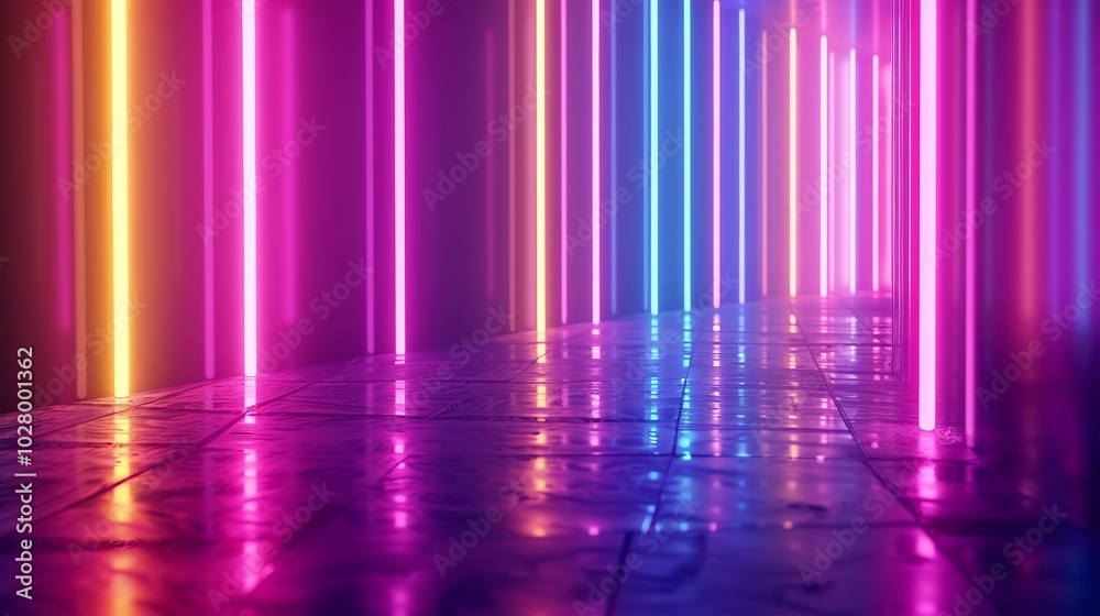 Wet tiled floor reflecting vibrant vertical neon lights illuminating an empty corridor