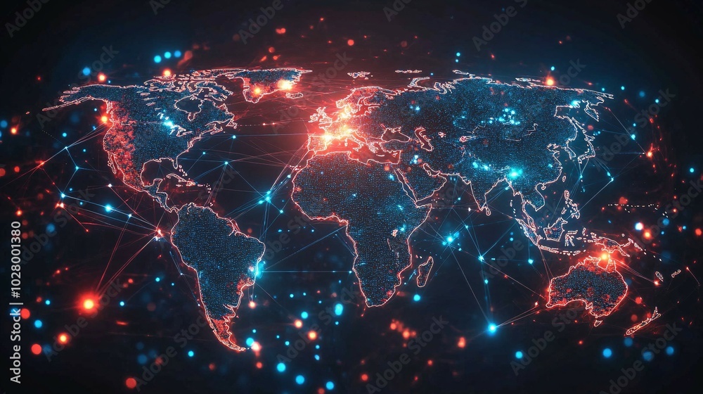 A Digital World Map Depicting Interconnectedness With Glowing Lines and Dots A Digital World Map Depicting Interconnectedness With Glowing Lines and Dots