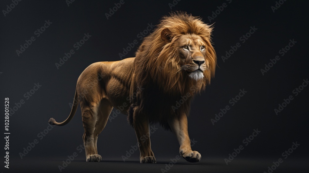 Obraz premium Walking lion with its gaze fixed on the camera, side perspective.