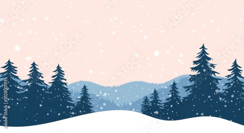 Serene Snow-Covered Pine Trees on Rolling Hills Under a Pastel Sky, Capturing Tranquility and Nature's Quiet Majesty with a Soft Gradient Background.