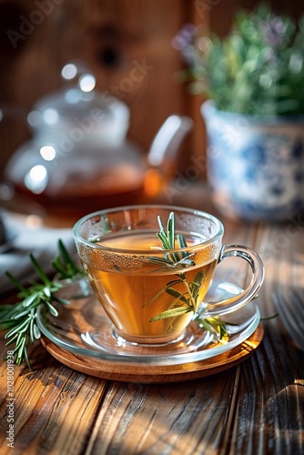 Herbal rosemary tea in a glass cup