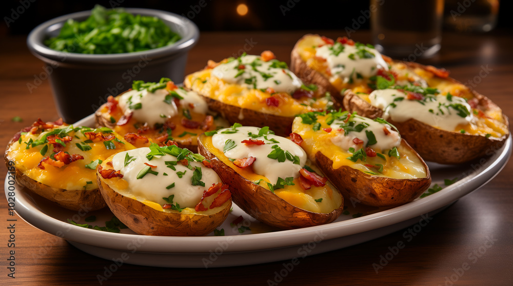 А plate of loaded potato skins arranged on a wooden table. Each potato half is filled with melted cheese, crispy bacon bits, and topped with a dollop of sour cream and chopped herbs. Horizontal. А plate of loaded potato skins arranged on a wooden table. Each potato half is filled with melted cheese, crispy bacon bits, and topped with a dollop of sour cream and chopped herbs. Horizontal.