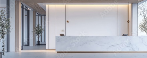 Wide view of a sleek reception interior with a white wall mockup, marble counter, and light wood details, styled in ultra-high resolution
