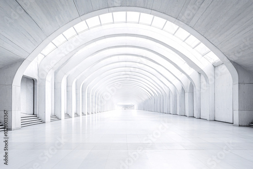 A bright white arched hallway with smooth curves and a minimalist design flooded with natural light creating a futuristic space  
