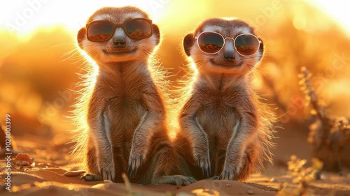 Wallpaper Mural Two meerkats wearing sunglasses, sitting in the sand. AI. Torontodigital.ca