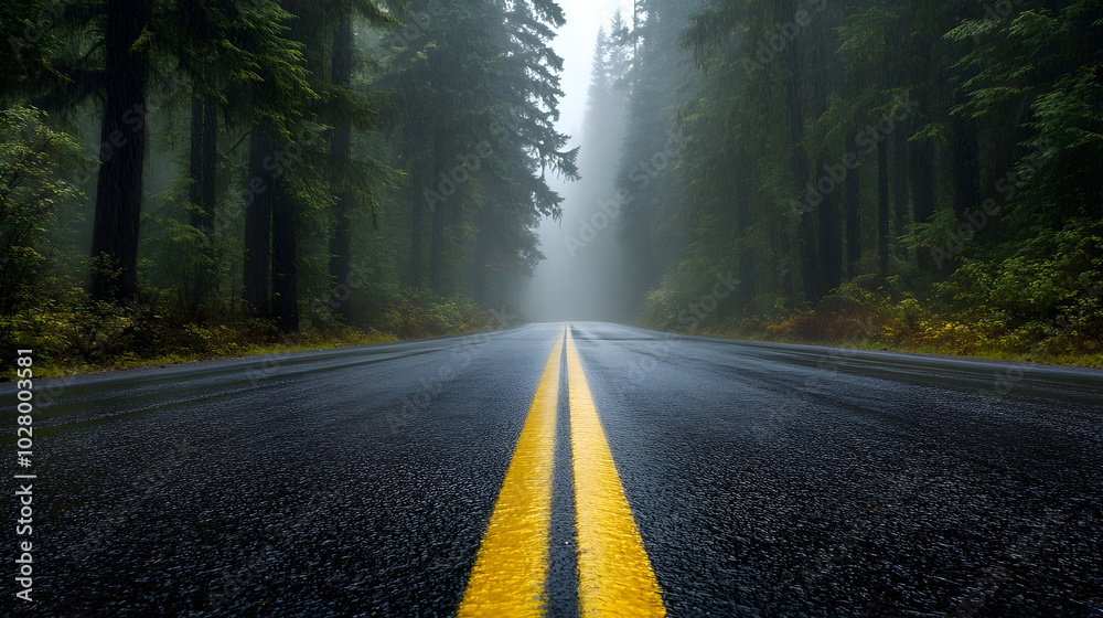 Fototapeta premium Road in foggy forest in rainy day