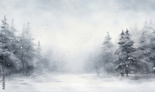 Winter Landscape with Snow Falling in a Forest, Watercolor Style Illustration Featuring a Soft White and Gray Color Palette, Perfect for Seasonal Decor and Holiday Themes. 