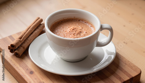 Cup of hot chocolate with cinnamon sticks on a wooden table