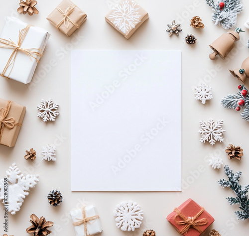 A blank white page mockup with Christmas-themed decorations around it