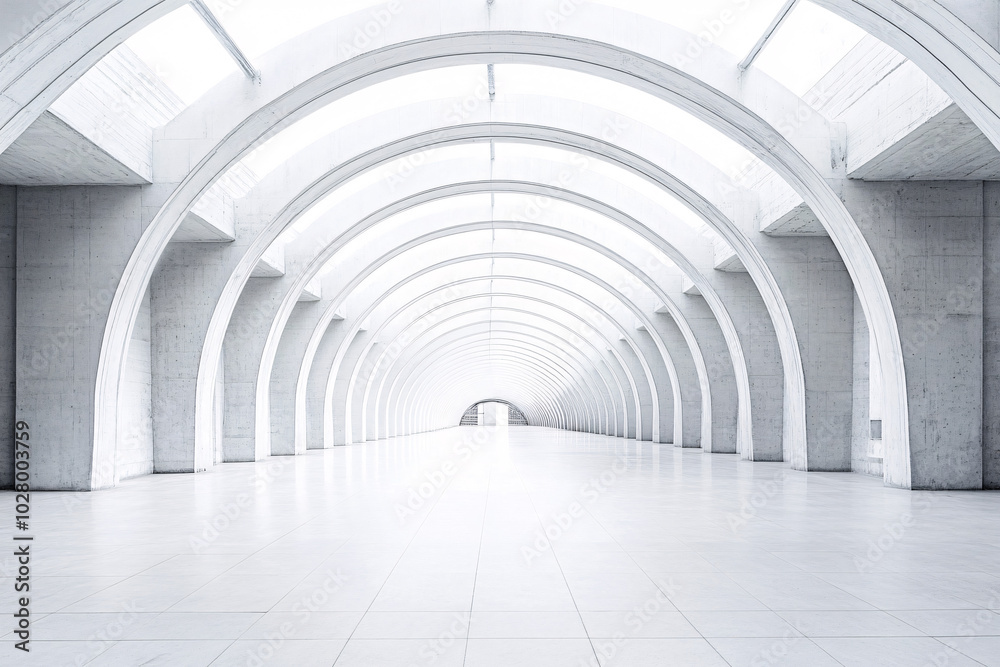 Fototapeta premium A futuristic white arched hallway with smooth curves and soft light streaming in from the ceiling evoking modern minimalism 