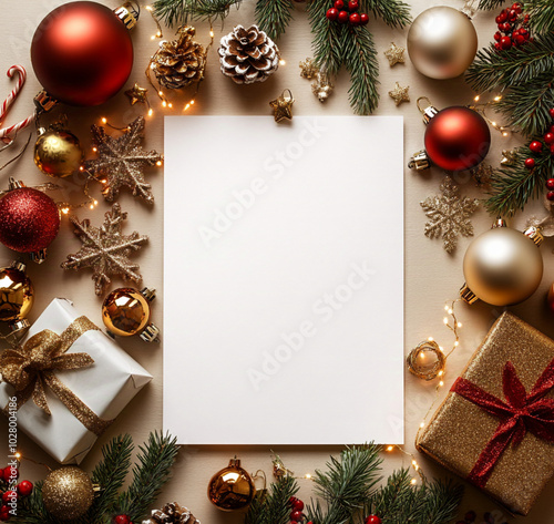 A blank white page mockup with Christmas-themed decorations around it