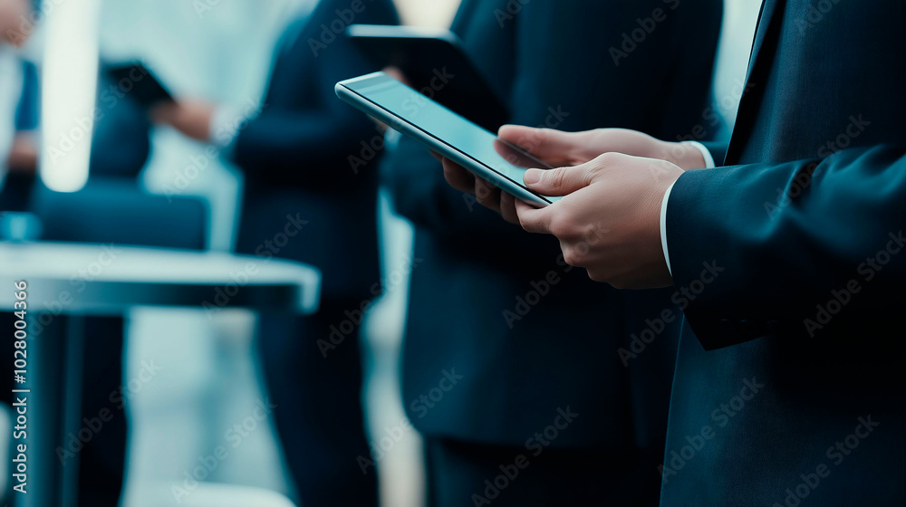 Obraz premium Close up of man's hands holding digital tablet, surrounded by colleagues working on their mobile devices