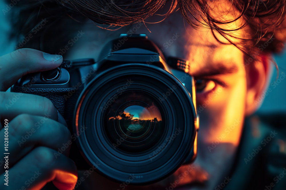 Close-up of young male photographer holding camera, focusing on the lens with a sunset reflection. Capturing passion for photography and creative expression