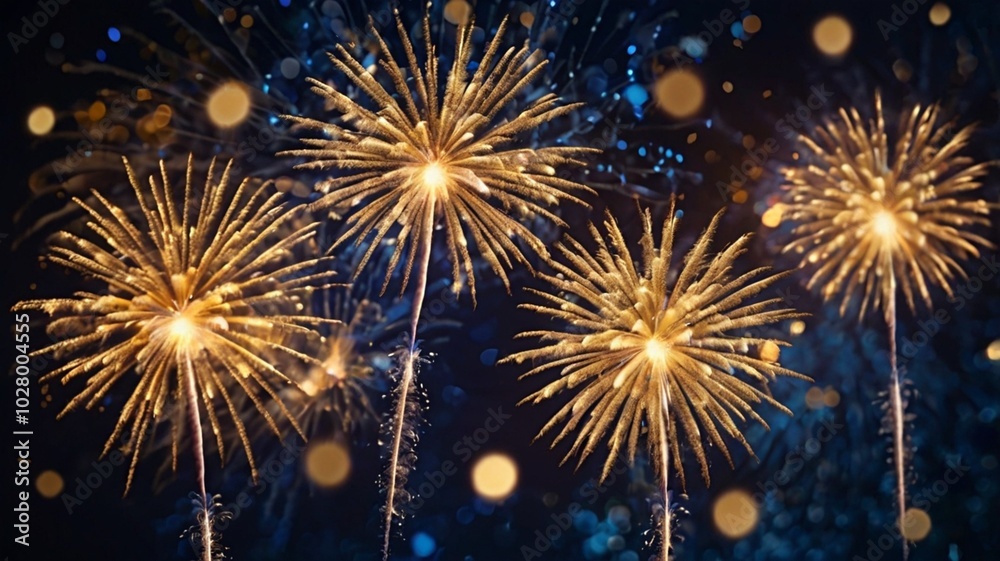 Naklejka premium Fireworks in the night sky. Gold fireworks with bokeh lights abstract background holiday