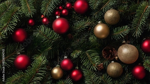 Christmas tree decorations. Merry Christmas baubles on fir branches