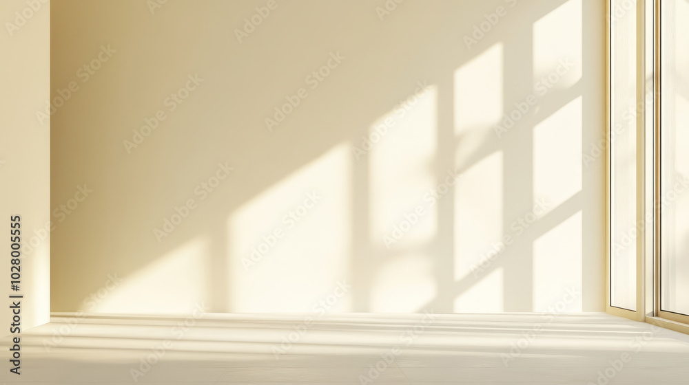 Fototapeta premium An empty room with light beige wall is bathed in sunlight from glass door. Concept minimalist setting for decor or product display. Interior background.