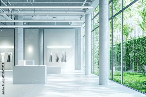 image of a fashion store with a minimalist white and gray color scheme, large windows, and greenery visible outside the glass