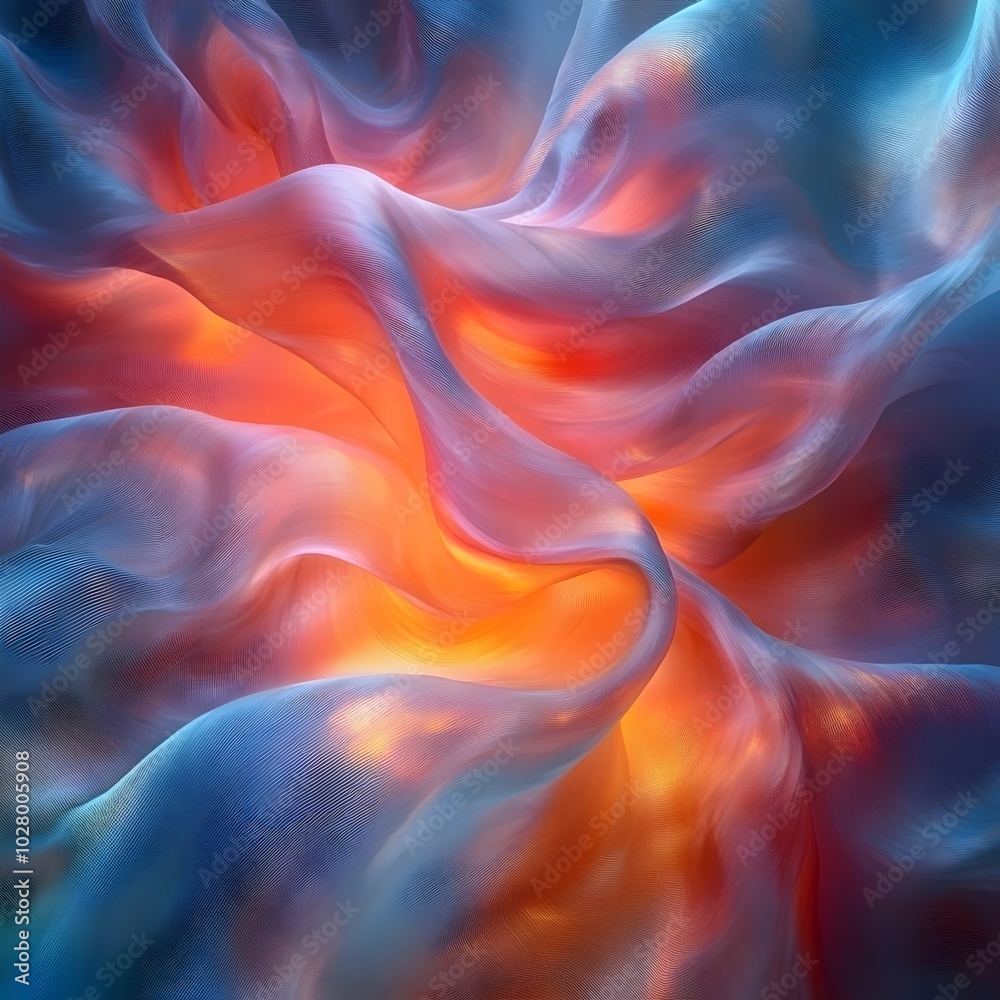 Obraz premium Abstract art, a close-up of delicate fabric in shades of blue, orange, and yellow, creating a flowing and ethereal visual.