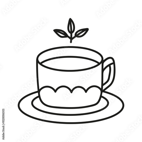 Hand drawn herbal tea cup with leaves. Kitchen utensils doodle illustration for menu design