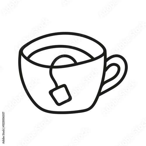 Hand drawn tea cup with tea bag tag. Kitchen utensils doodle illustration for menu design