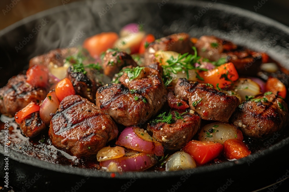 Close-up of baked meat with vegetables and spices. Close-up of baked meat with vegetables and spices.