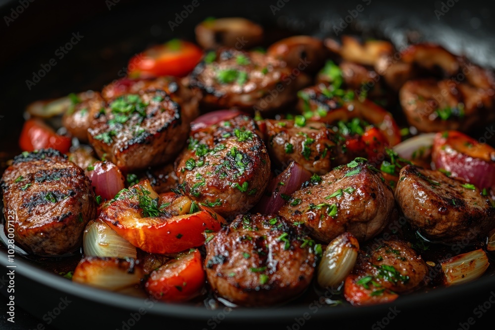 Close-up of baked meat with vegetables and spices. Close-up of baked meat with vegetables and spices.