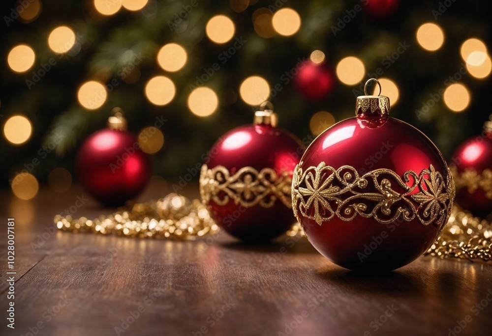 Red Christmas ornaments with golden decorations on a warm wooden surface with bokeh background