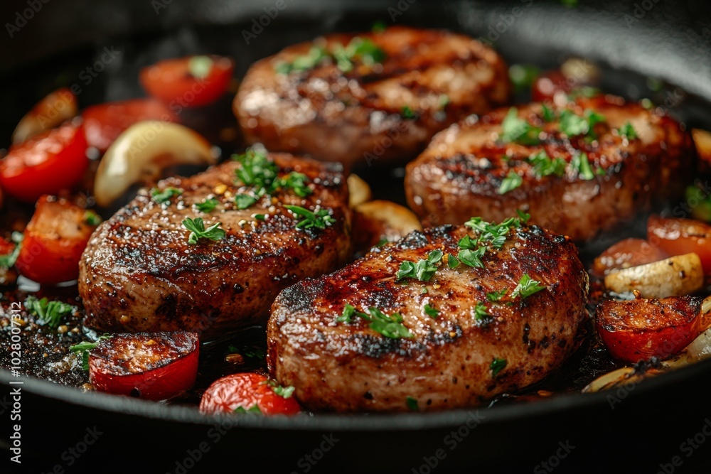 Close-up of baked meat with vegetables and spices. Close-up of baked meat with vegetables and spices.