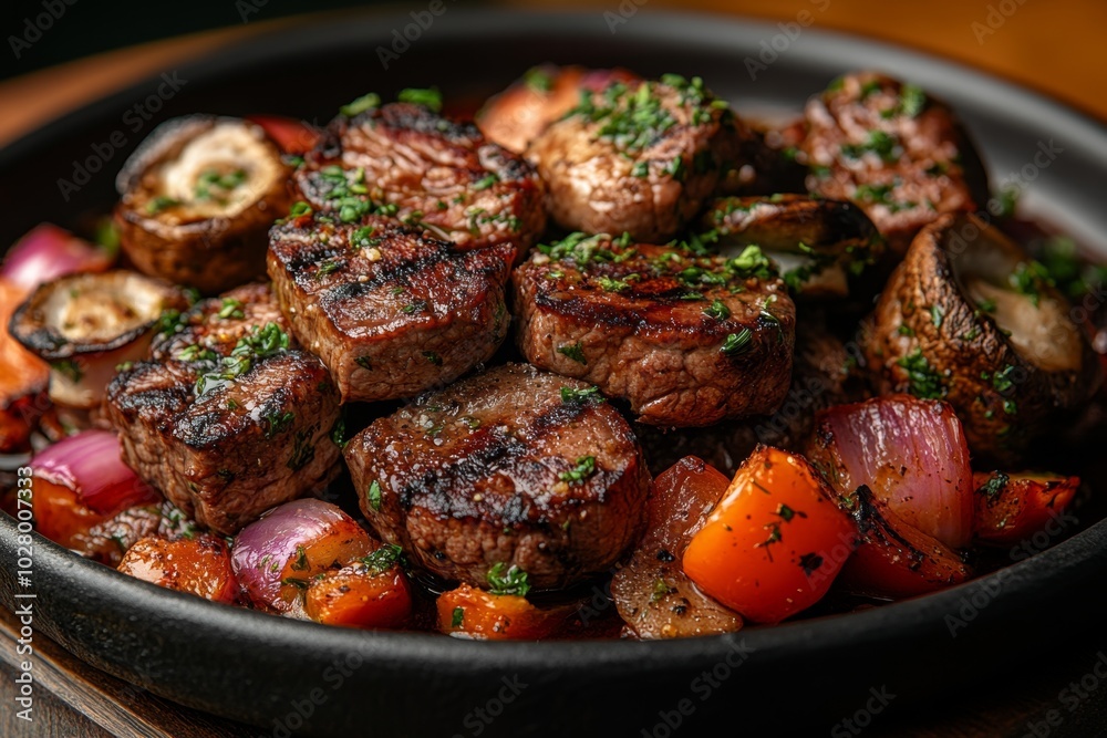 Close-up of baked meat with vegetables and spices. Close-up of baked meat with vegetables and spices.