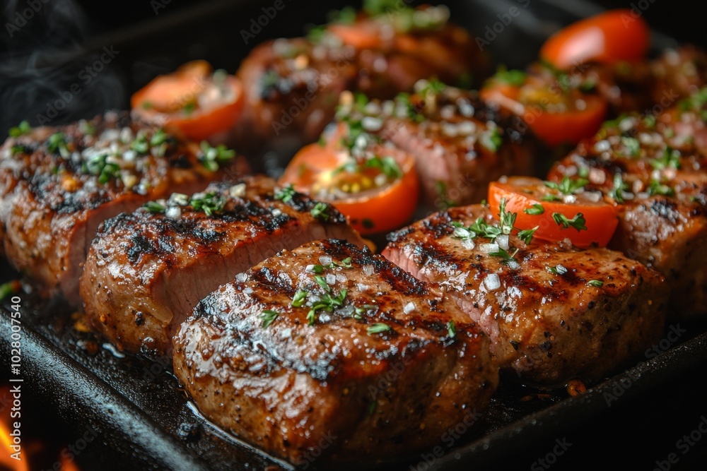 Close-up of baked meat with vegetables and spices. Close-up of baked meat with vegetables and spices.