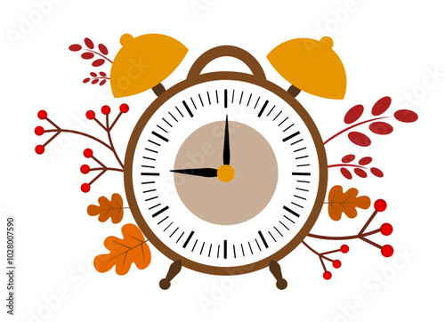 Clock with autumn leaves on a white background