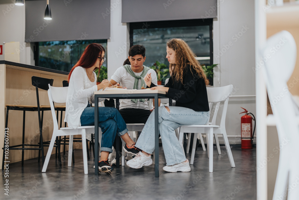 Three students work together at a table in a contemporary school environment, showcasing teamwork and collaboration. Three students work together at a table in a contemporary school environment, showcasing teamwork and collaboration.