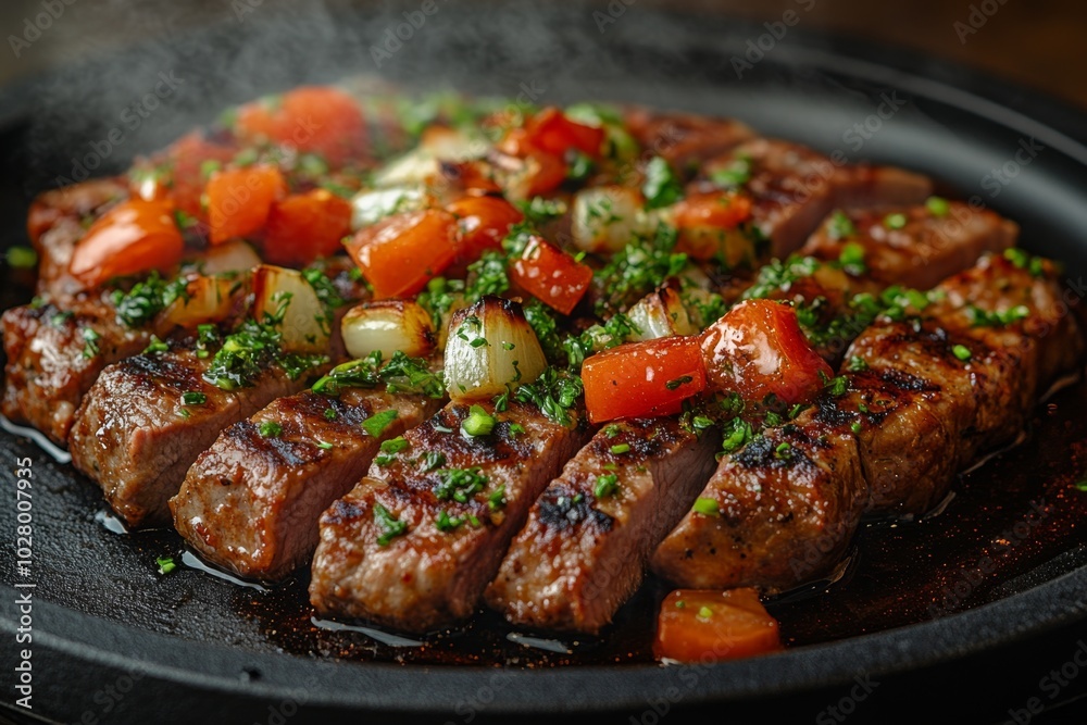 Close-up of baked meat with vegetables and spices. Close-up of baked meat with vegetables and spices.