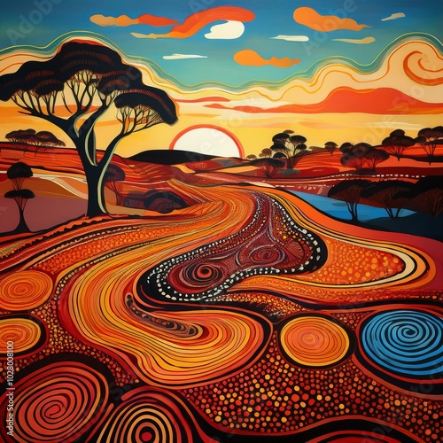 Obraz na płótnie a captivating image of australia s landscapes landscape down under aboriginal inspired backdrop adorned with elements from the dreamtime and songlines w salonie