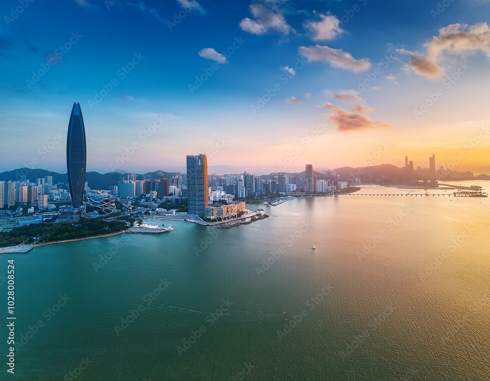 Naklejka premium aerial view of zhuhai and macau city skyline with modern buildings scenery at sunset china high angle view