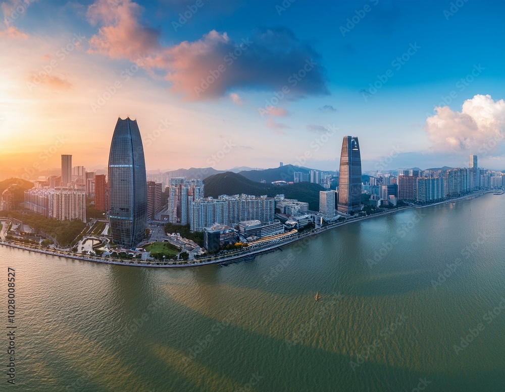 Fototapeta premium aerial view of zhuhai and macau city skyline with modern buildings scenery at sunset china high angle view