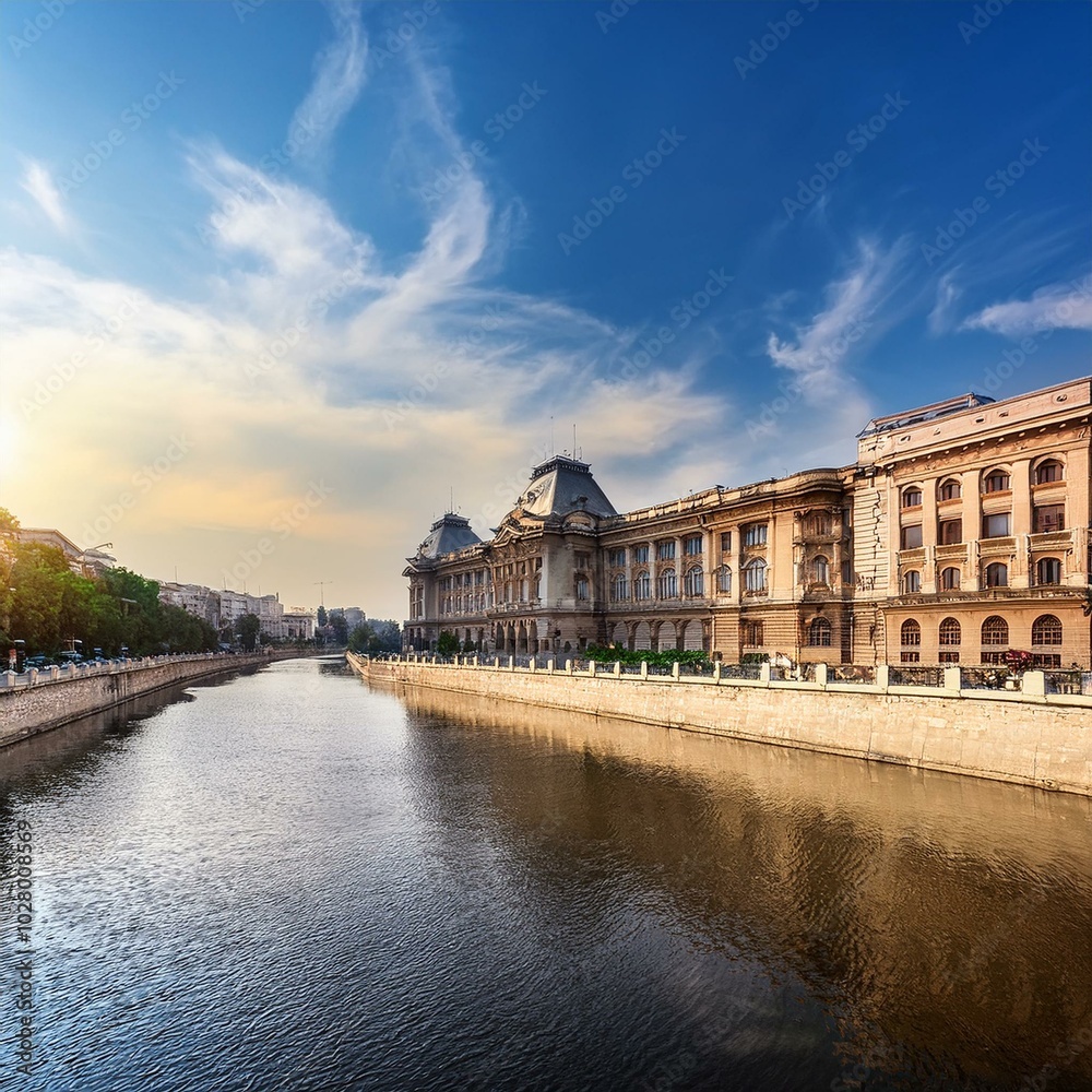 Fototapeta premium antique building view in old town bucharest city capital of romania and dambrovita river