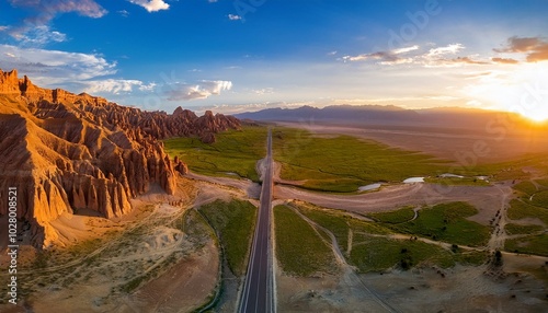 aerial view of spectacular yadan landform and road landscape at sunset the famous dahaidao uninhabited area natural landscape in xinjiang china photo