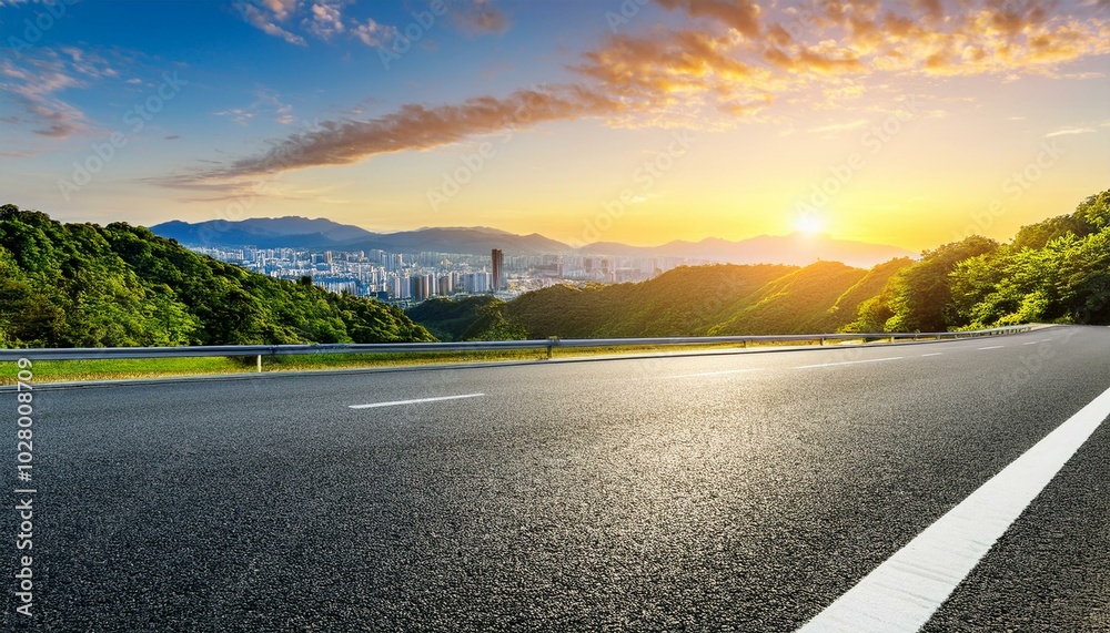 asphalt highway road and green mountain with city skyline at sunset