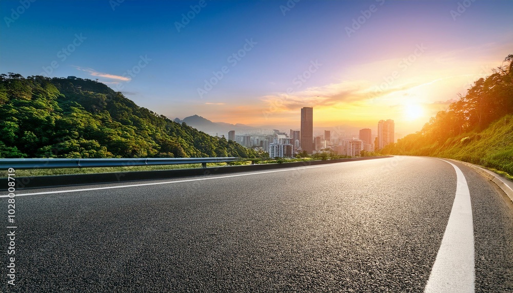 asphalt highway road and green mountain with city skyline at sunset