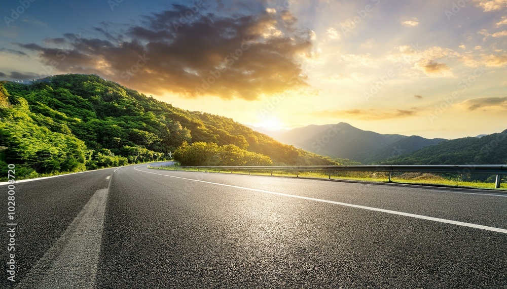 asphalt highway road and green mountain with sky clouds at sunset
