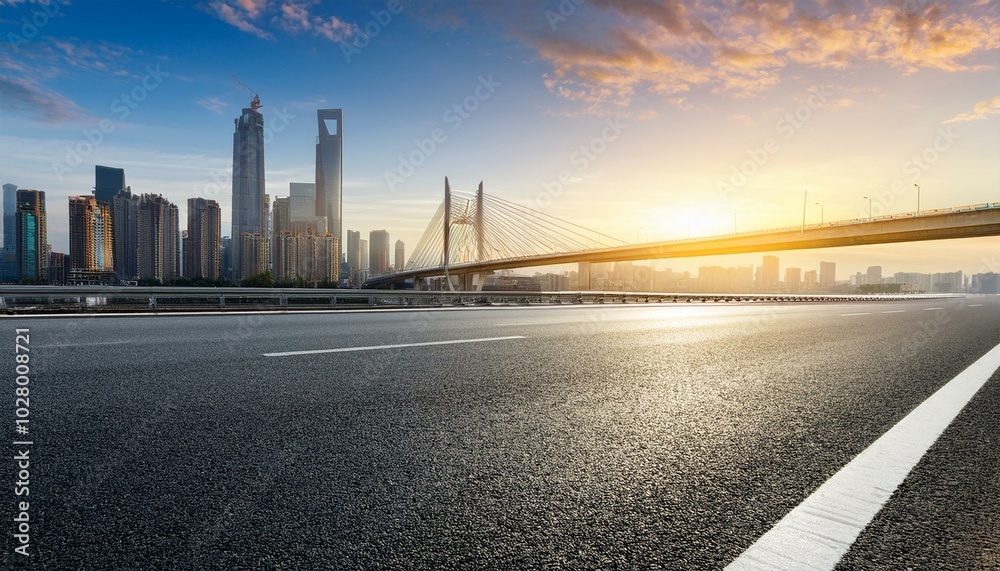asphalt highway road and bridge with modern city skyline at sunrise