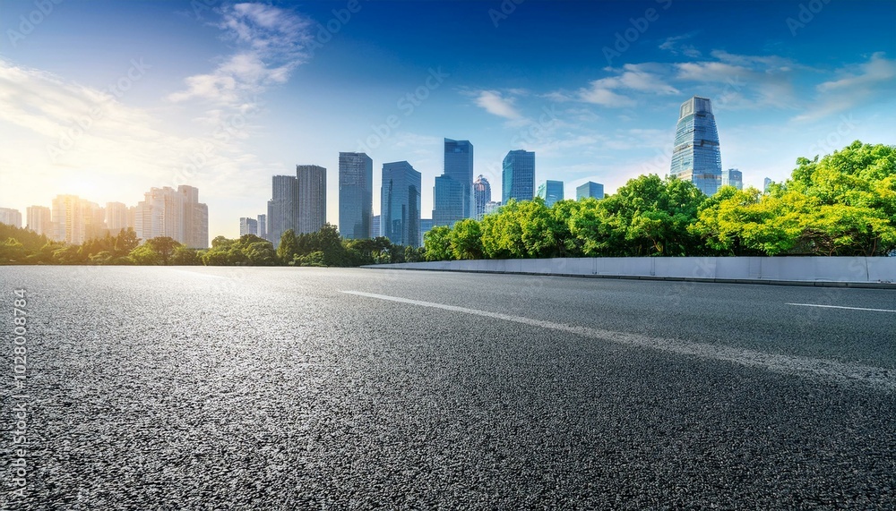 asphalt road and green tree with city skyline in hangzhou china