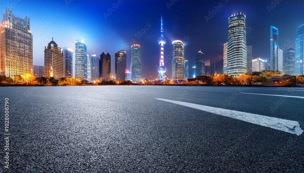 Obraz premium asphalt road and modern city commercial buildings at night in shanghai china