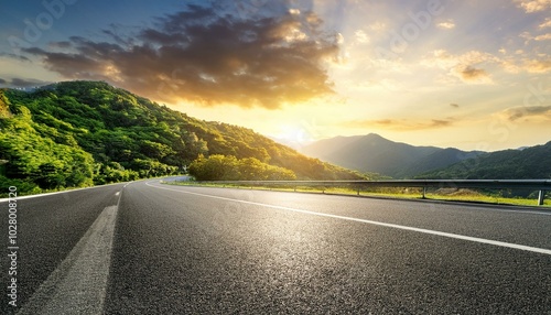 Obraz na płótnie asphalt highway road and green mountain with sky clouds at sunset w salonie