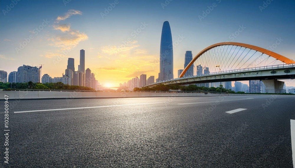 Obraz premium asphalt road square and bridge with modern city buildings scenery at sunset in guangzhou car advertising background