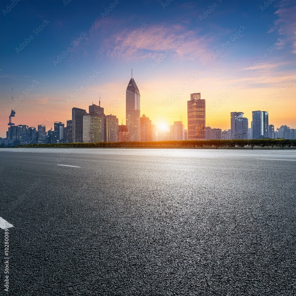 asphalt road square and city skyline at sunset asphalt road square and city skyline at sunset