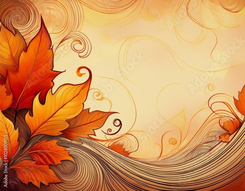 autumn leaf illustration with room for copy space lined textured background with whimsical swirls