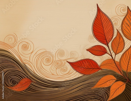 autumn leaf illustration with room for copy space lined textured background with whimsical swirls