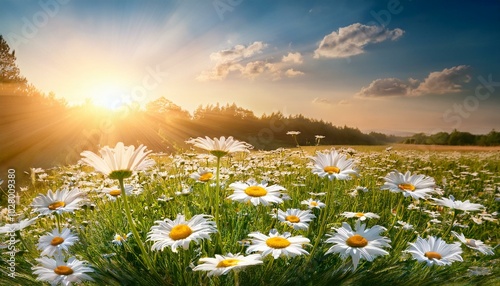 beautiful chamomile flowers in meadow spring or summer nature scene with blooming daisy in sun flares photo